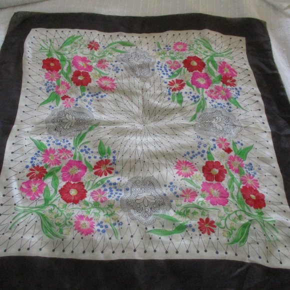 1940s black trim silk floral scarf - Picture 2 of 7